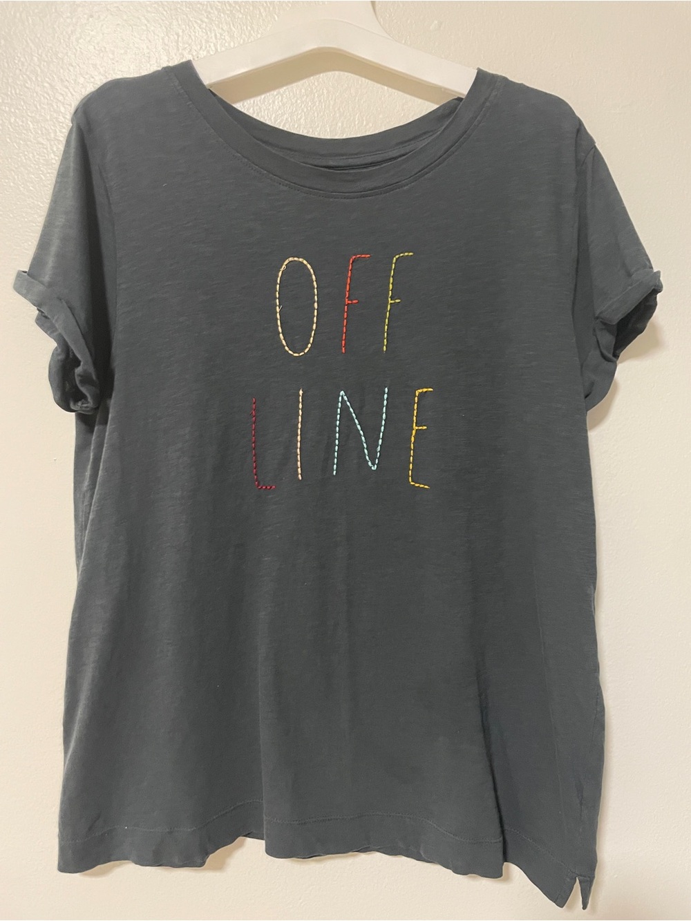 Loft Charcoal 'OFF LINE' Embroidered Tee Short Sleeve Womens Medium loungewear